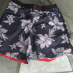 Speedo black white floral print swim trunks